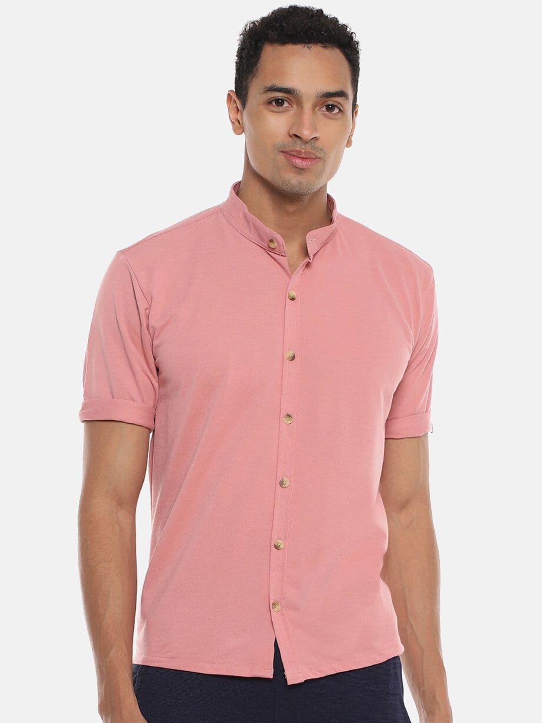 CAHOOT Pink Classic Band Collar Cotton Casual Shirt - view 1