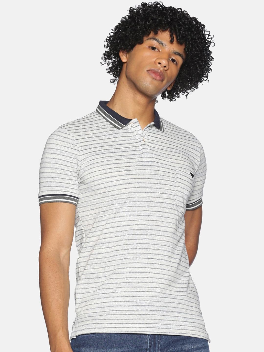 CAHOOT Grey Striped Polo Collar Cotton T-shirt - view 1