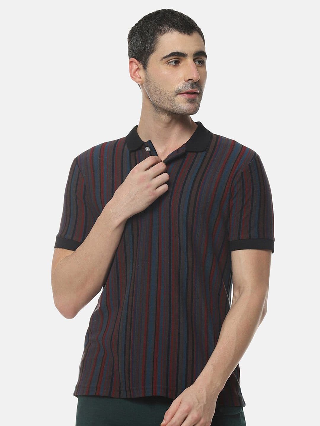 CAHOOT Black & Red Striped Polo Collar Cotton T-shirt - view 1