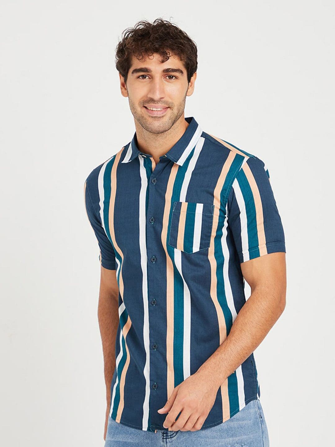 CAHOOT Navy Blue & White Striped Cuban Collar Classic Cotton Casual Shirt - view 1