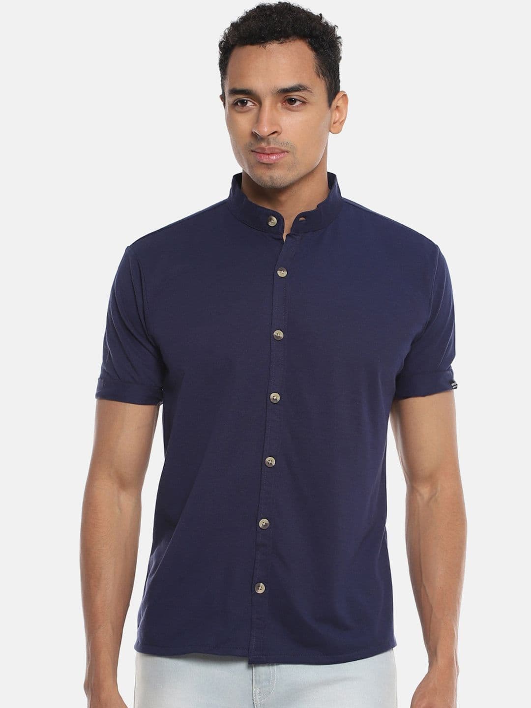 CAHOOT Navy Blue Band Collar Classic Cotton Shirt - view 1