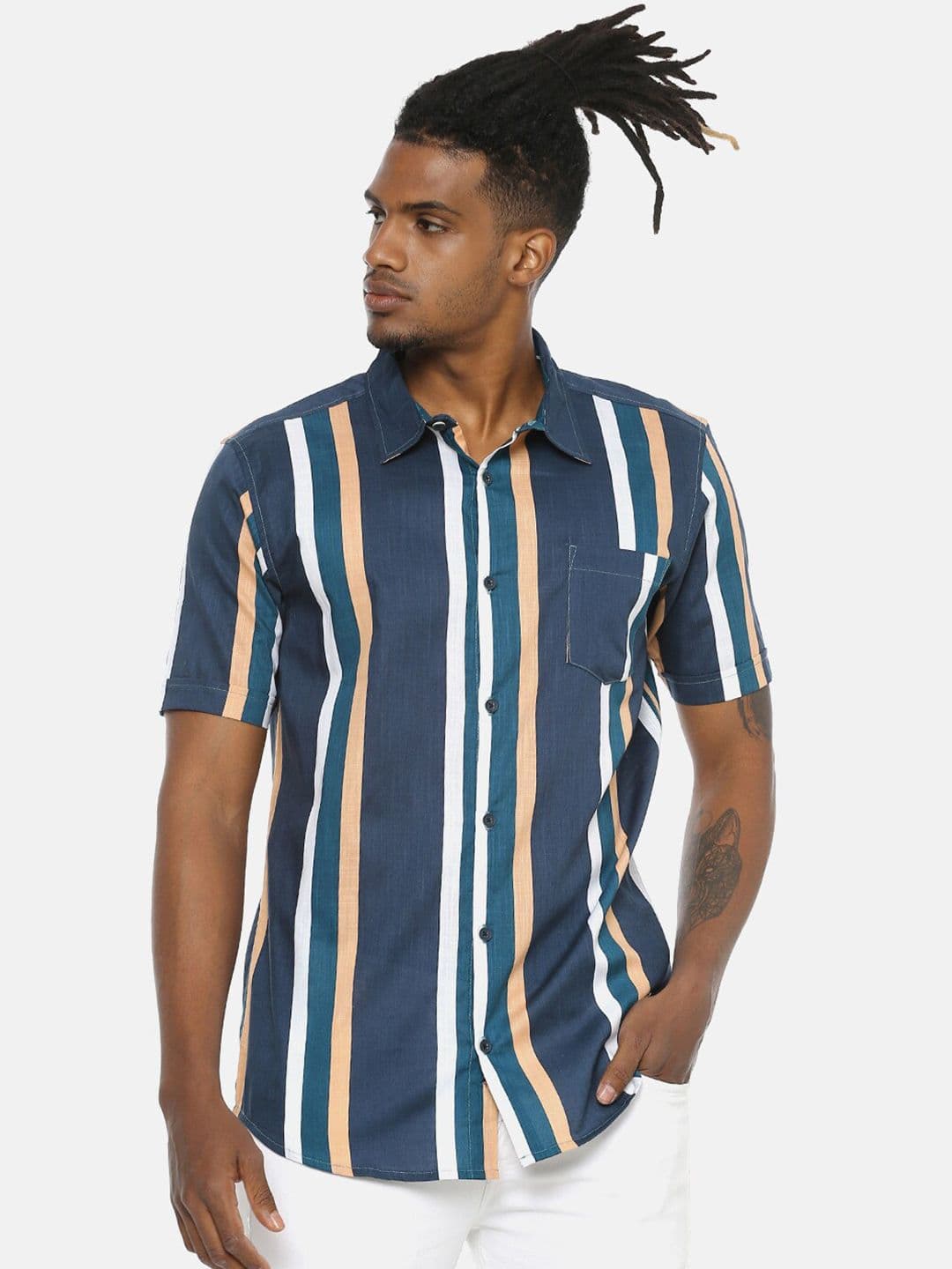 CAHOOT Navy Blue & White Striped Classic Cotton Casual Shirt - view 1