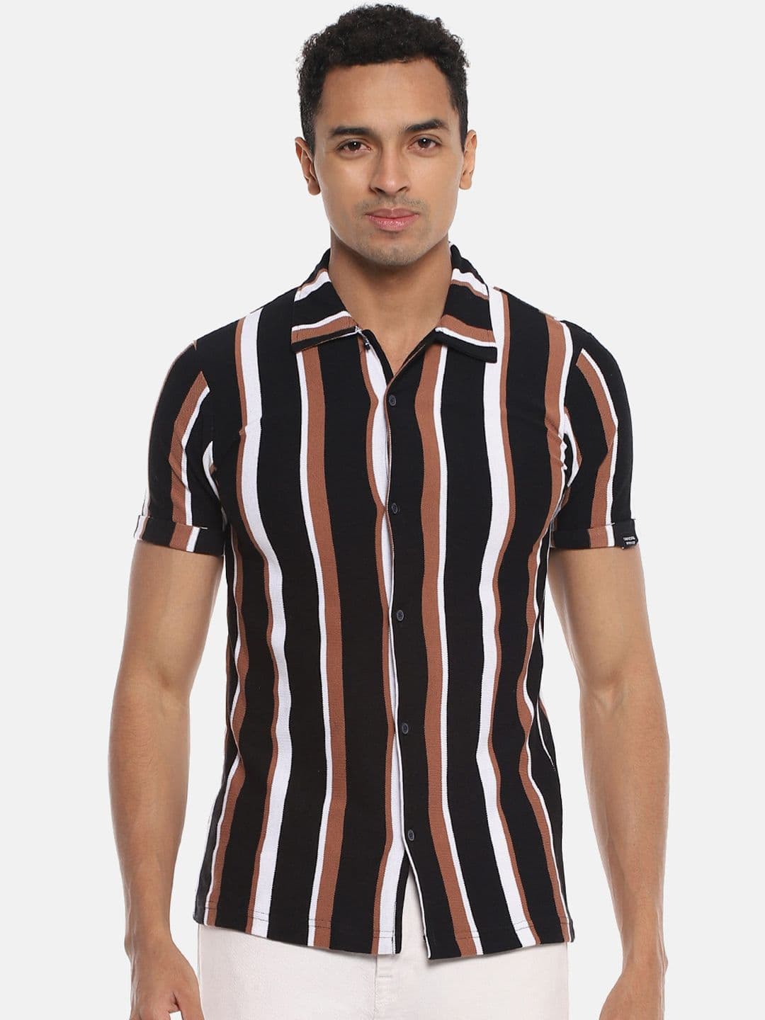 CAHOOT Black & Brown Striped Classic Cotton Casual Slim Fit Shirt - view 1