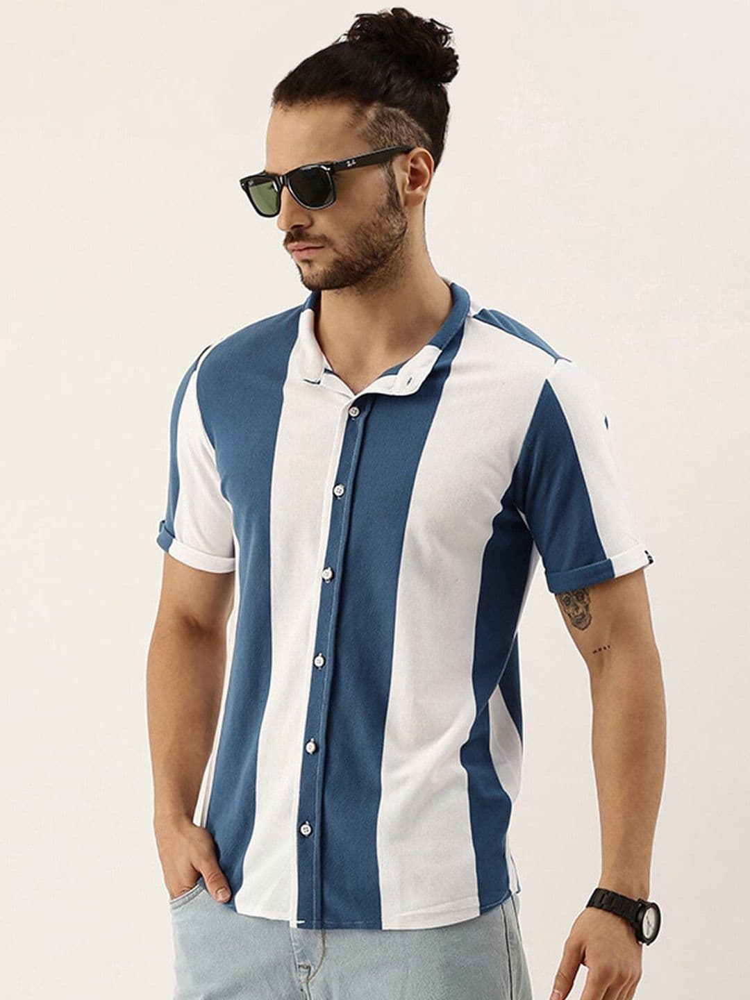CAHOOT Navy Blue & White Striped Classic Cotton Shirt - view 1
