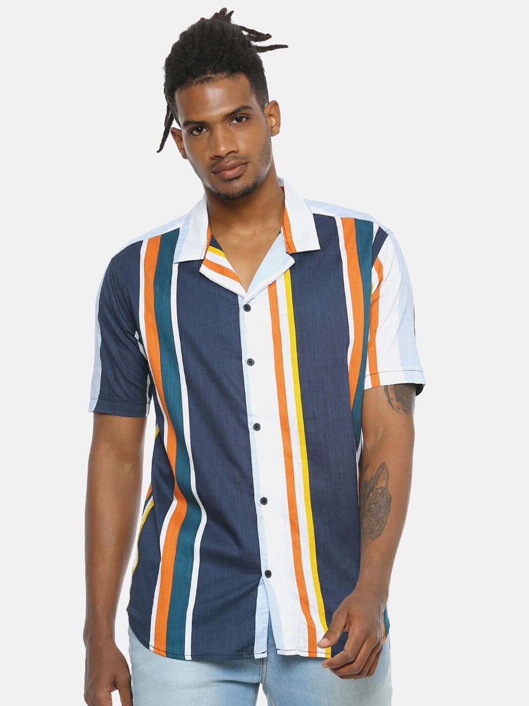 CAHOOT Navy Blue & Orange Striped Cuban Collar Classic Cotton Casual Shirt - view 1