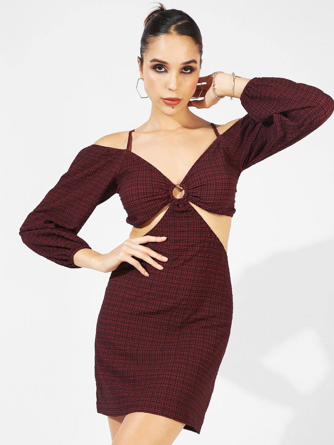 PINACOLADA Checked Cold-Shoulder Sheath Mini Dress - view 1
