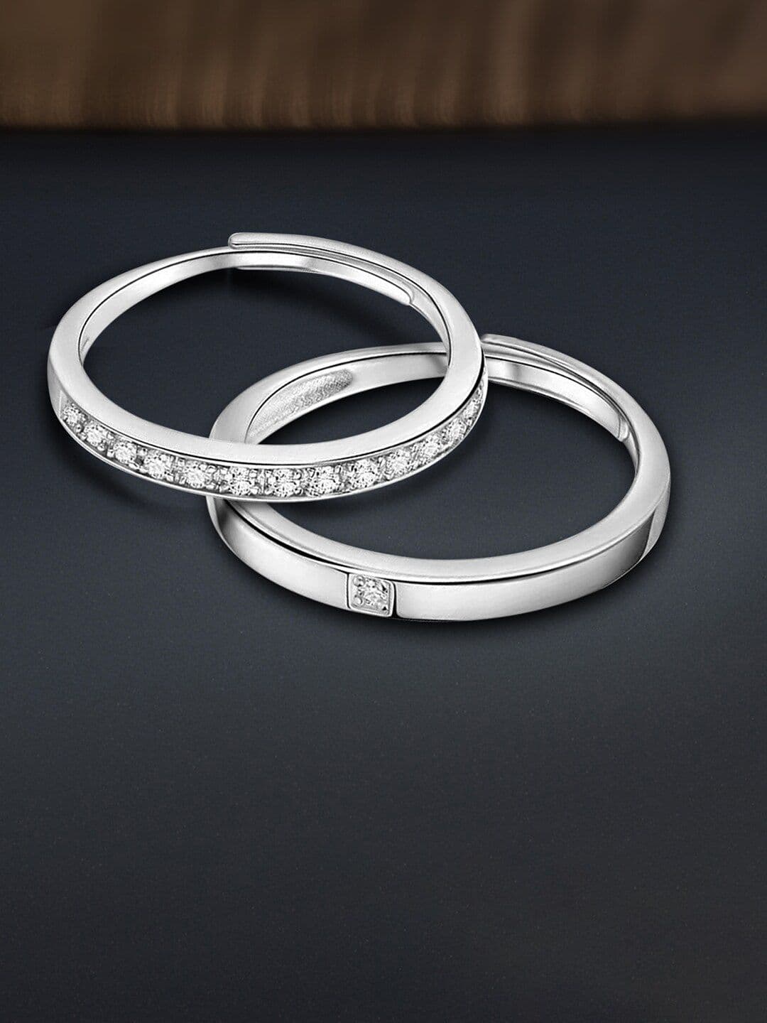Peora Set Of 2 Silver-Plated AD-Studded Couple Adjustable Finger Rings - view 1