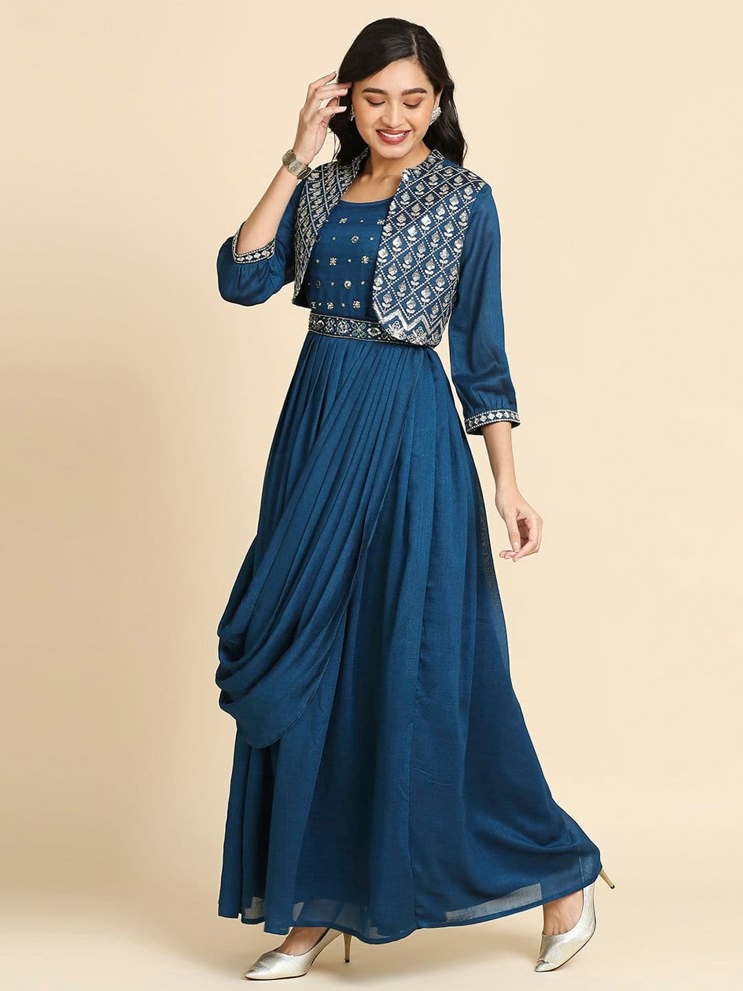 MADHURAM Embroidered Silk Satin Fit & Flare Maxi ethnic Dress With Jacket & Belt - view 1
