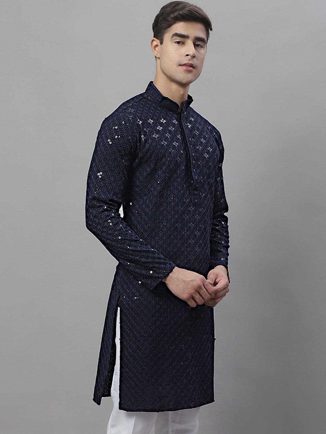 Jompers Mandarin Collar Ethnic Motifs Chikankari Sequined Kurta - view 1