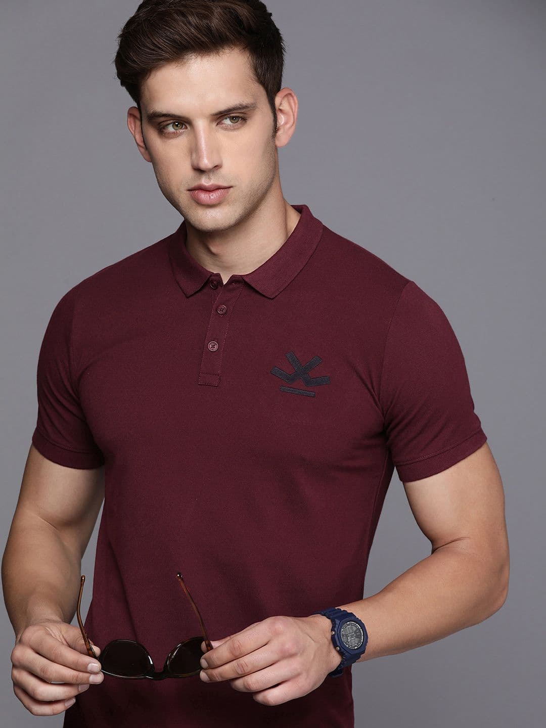 WROGN Men Solid Polo Collar Knitted Slim Fit T-shirt With Brand Logo Embroidered Detail - view 1