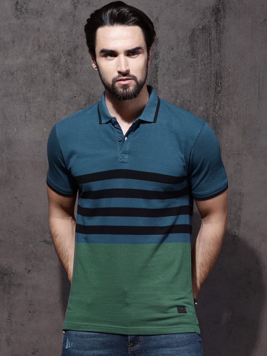 Roadster Men Blue Green Striped Polo Collar Pure Cotton T-shirt - view 1