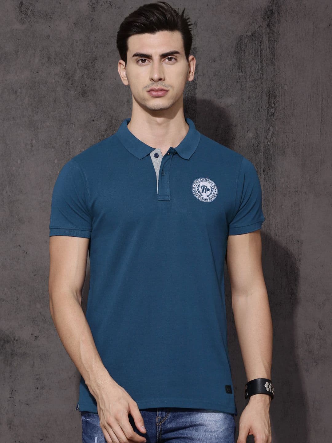 Roadster Men Blue Solid Polo Collar Cotton T-shirt - view 1