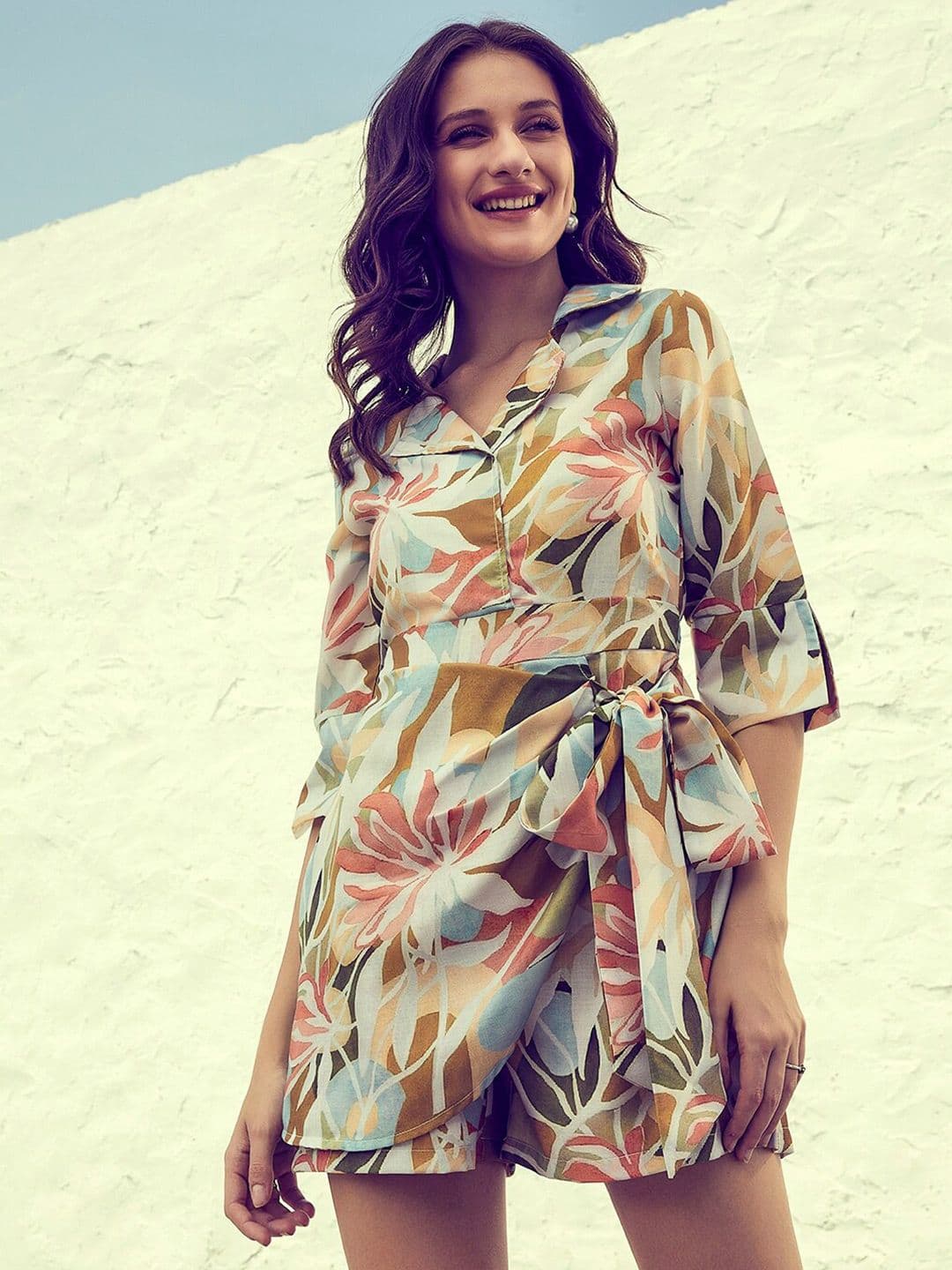 Athena Cream-Coloured & Teal Linen Printed Jumpsuit - view 1