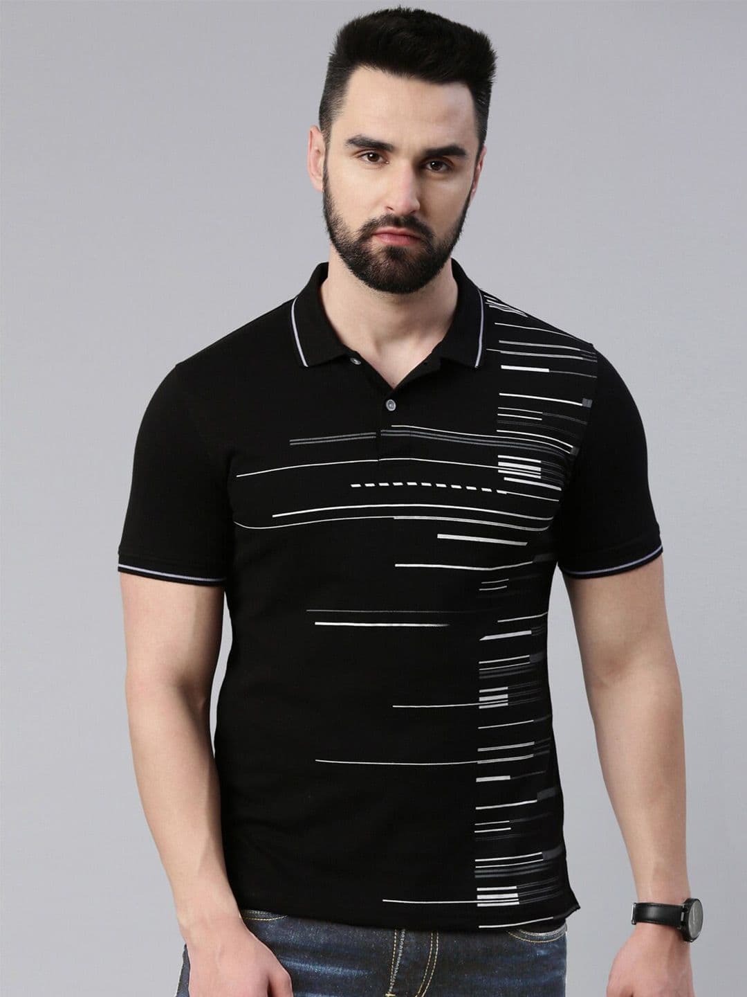 Metronaut Horizontal Striped Polo Collar Cotton T-shirt - view 1