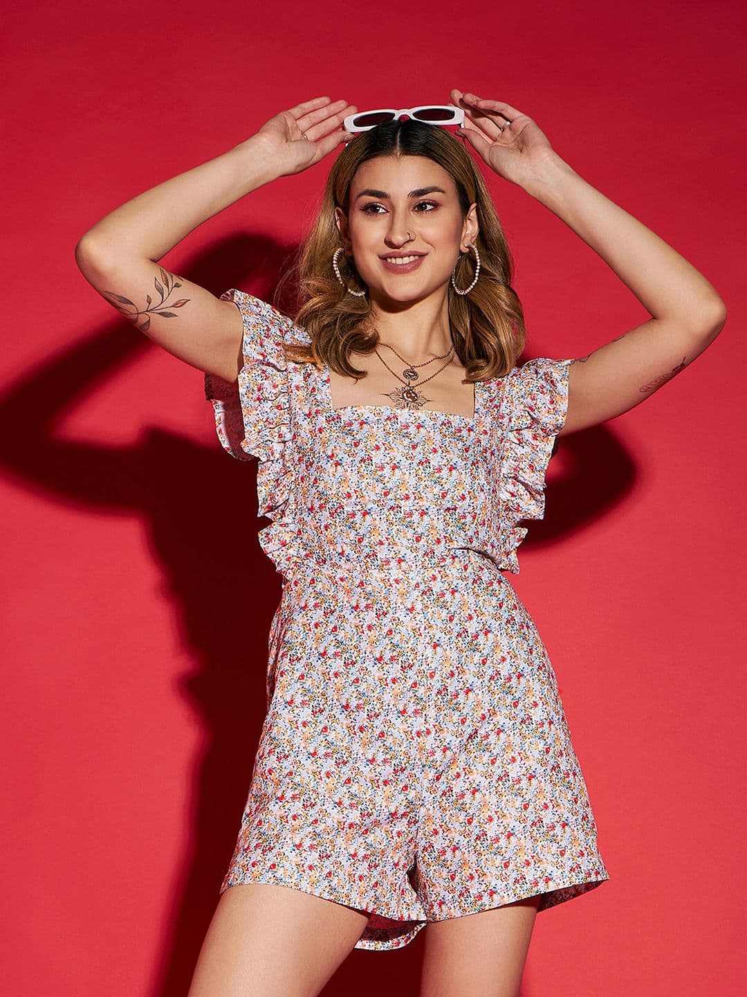 SASSAFRAS White Floral Print Playsuit With Ruffles - view 1