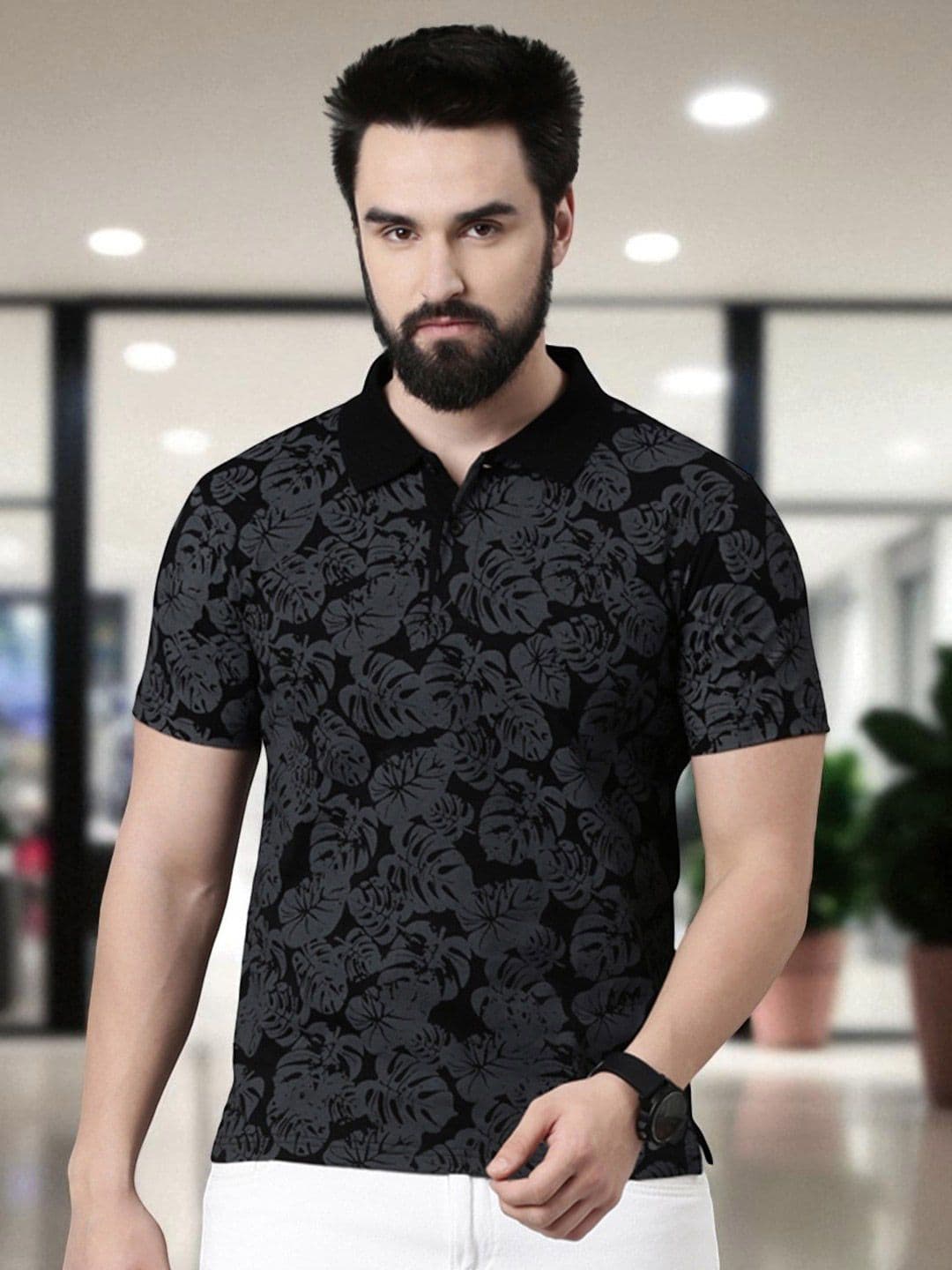 Kryptic Floral Printed Polo Collar Pure Cotton T-shirt - view 1