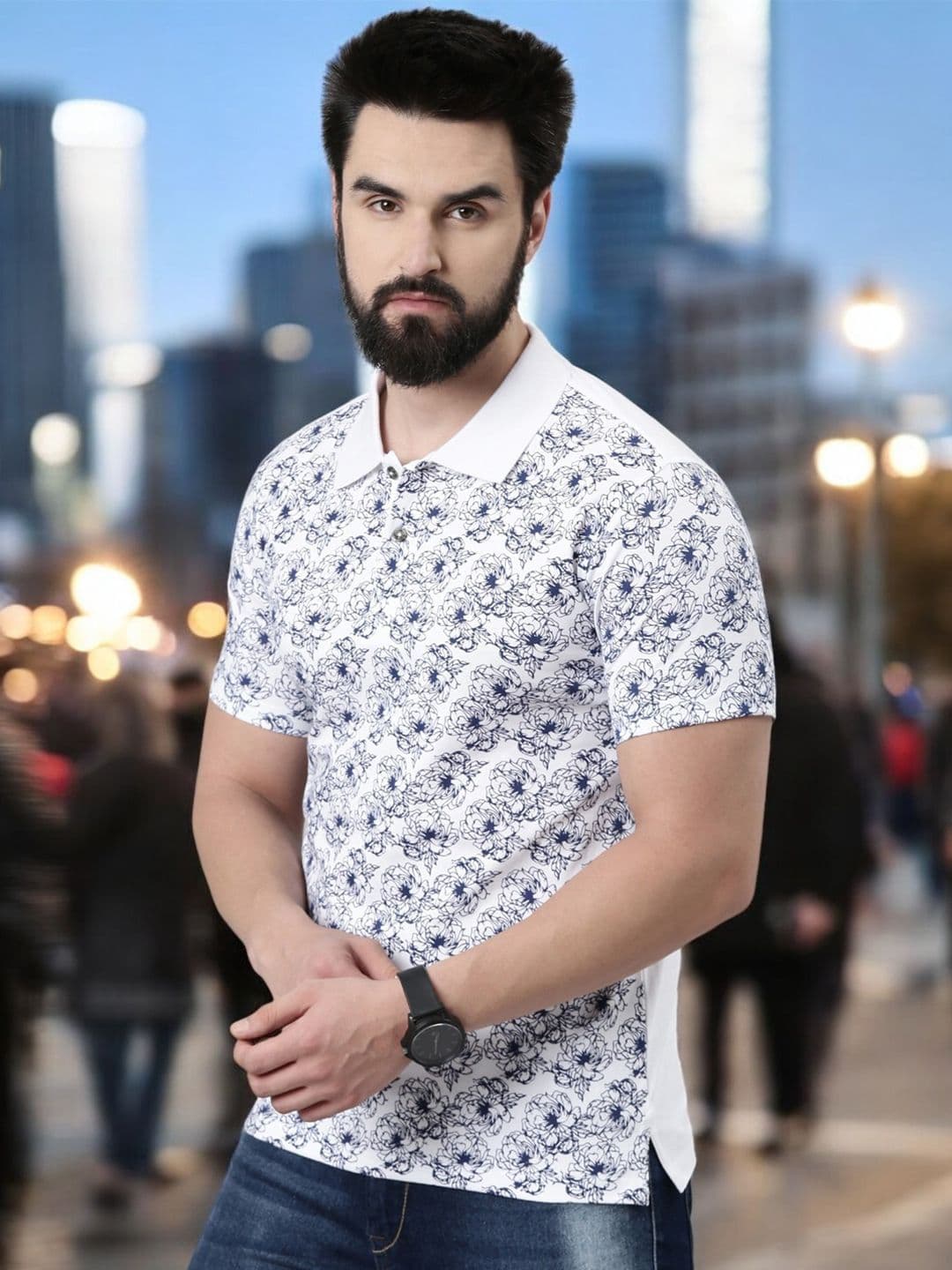 Kryptic Floral Printed Polo Collar Pure Cotton T-shirt - view 1