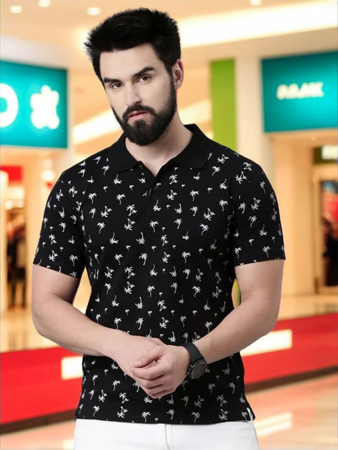 Kryptic Floral Printed Polo Collar Pure Cotton T-Shirt - view 1