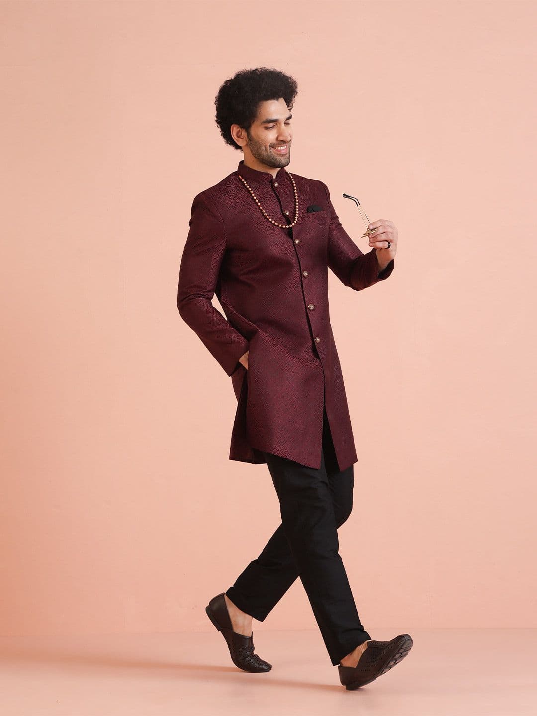 KISAH Men Self-Design Cotton Indowestern Sherwani Set - view 1