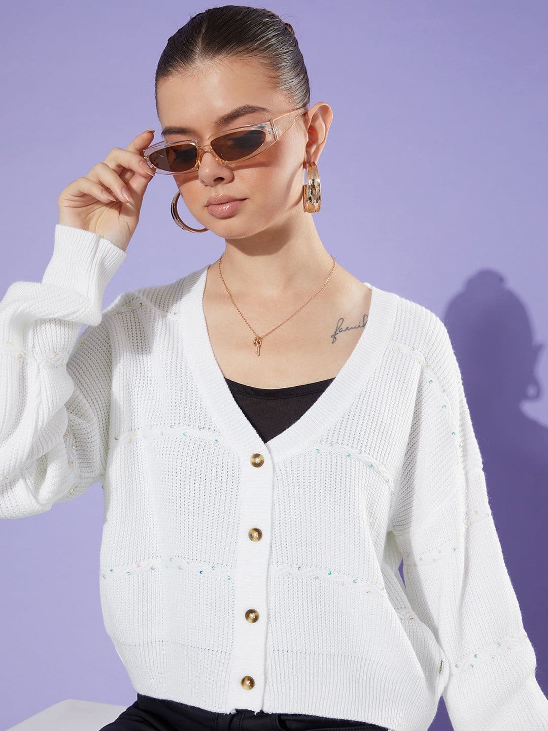 The Roadster Life Co. Solid V-Neck Cardigan with Sequin Detail - view 1