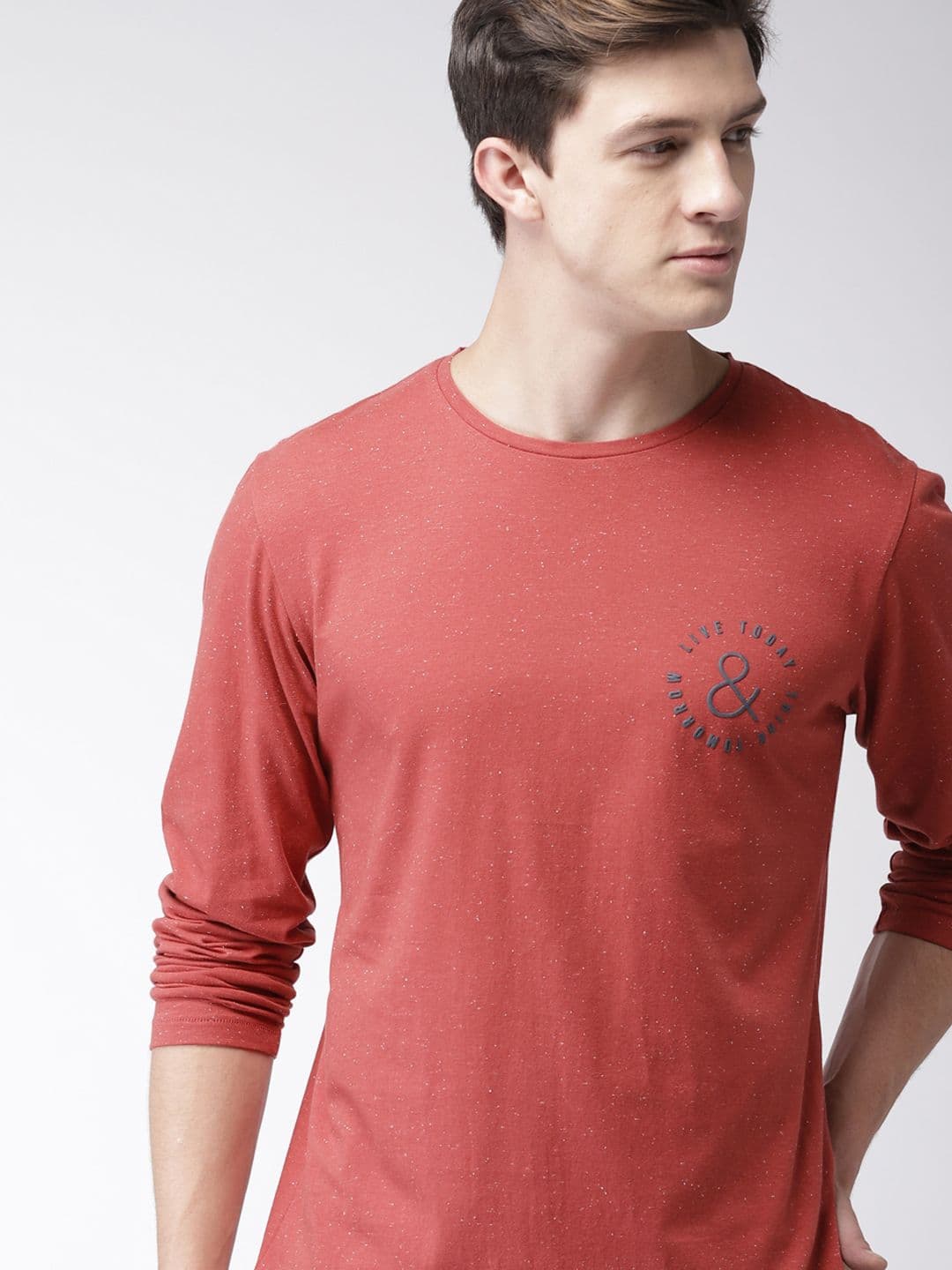 Mast & Harbour Men Rust Red Solid Round Neck T-shirt - view 1