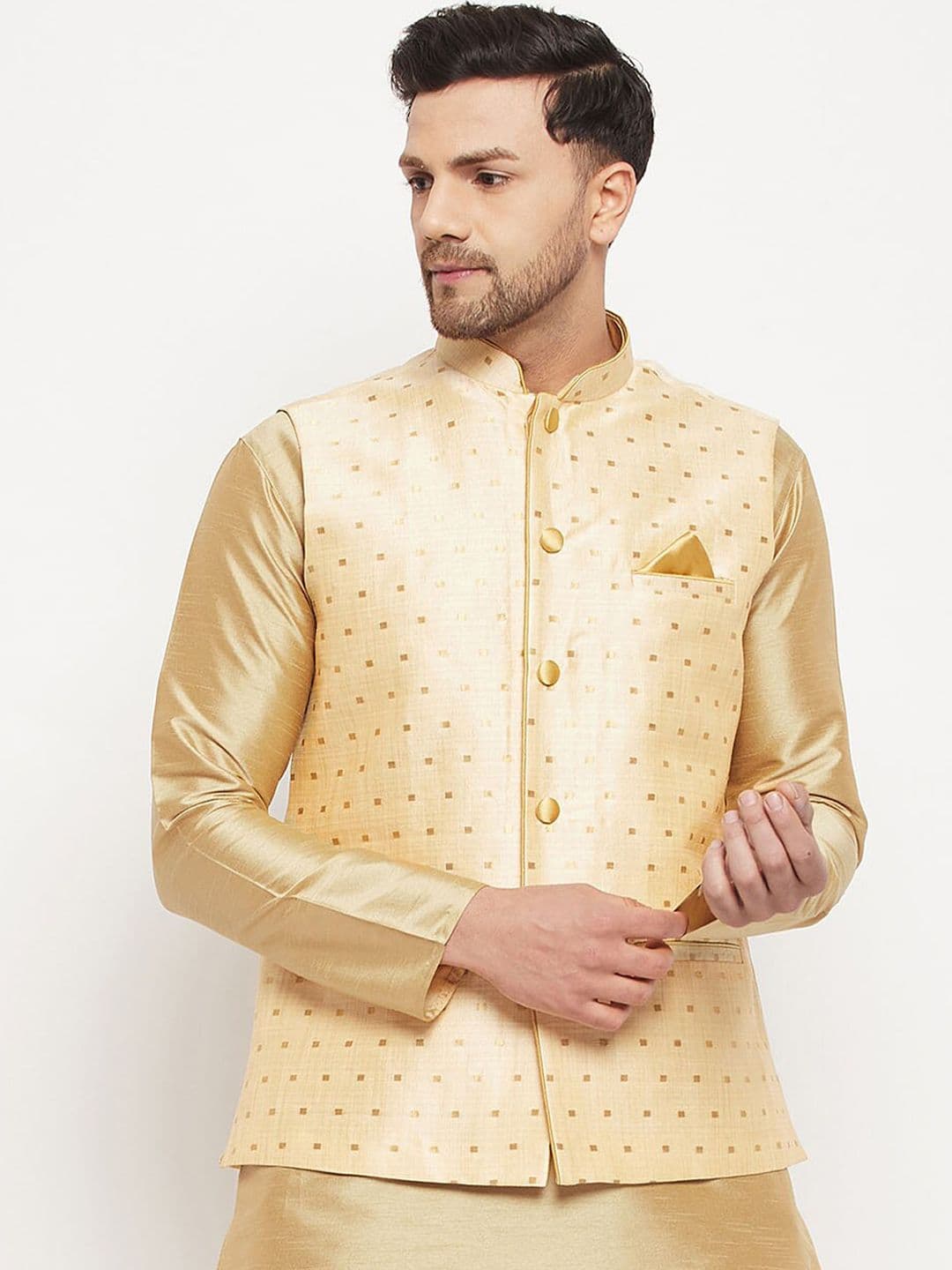 VASTRAMAY Woven Design Nehru Jackets With Pocket Square - view 1