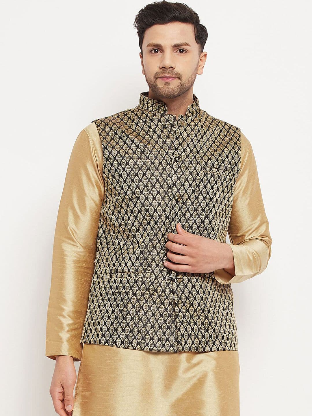 VASTRAMAY Woven Design Mandarin Collar Sleeveless Nehru Jacket - view 1