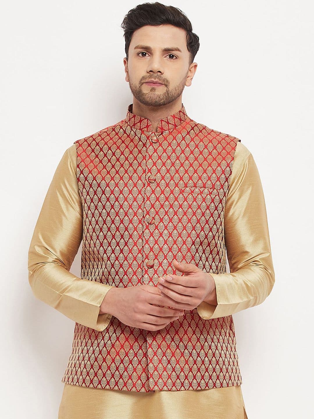 VASTRAMAY Woven Design Mandarin Collar Sleeveless Nehru Jacket - view 1
