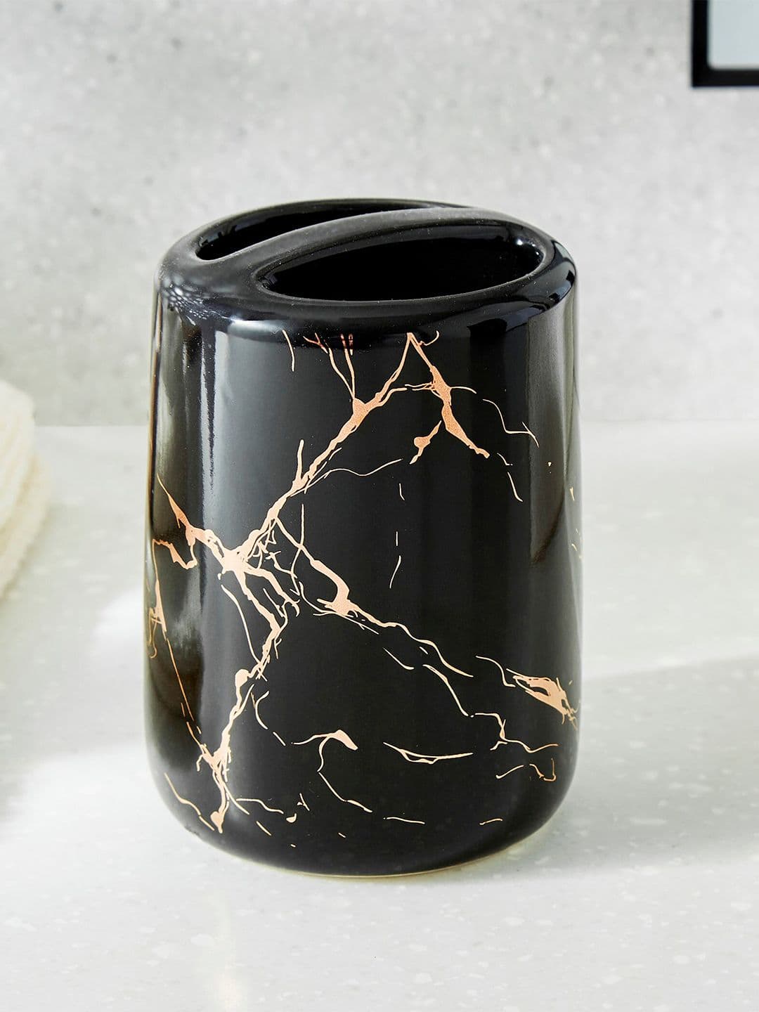 Home Centre Aubree Vince Black & Gold Toned Printed Ceramic Tooth Brush Holder - view 1