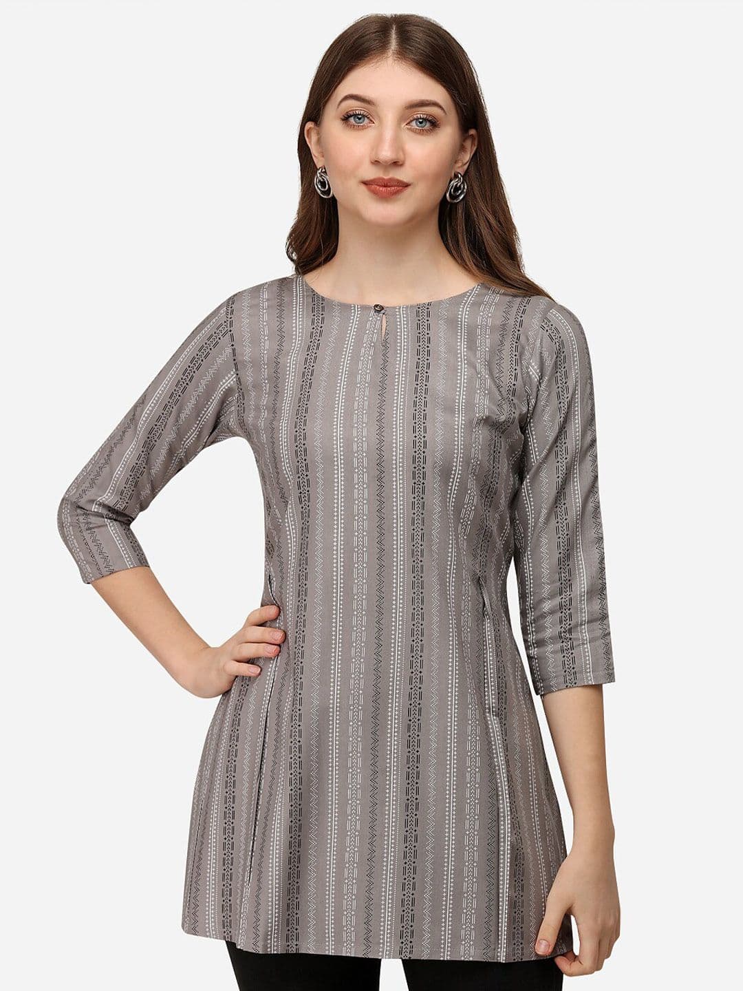 HERE&NOW Grey Keyhole Neck Geometric Printed Short Kurti - view 1