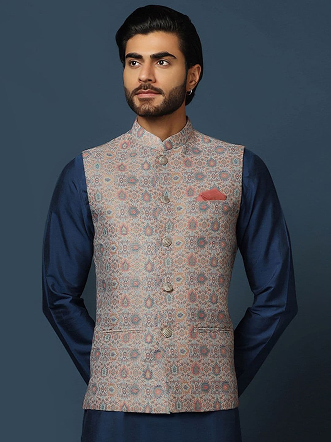 KISAH Woven Design Mandarin Collar Nehru Jacket - view 1