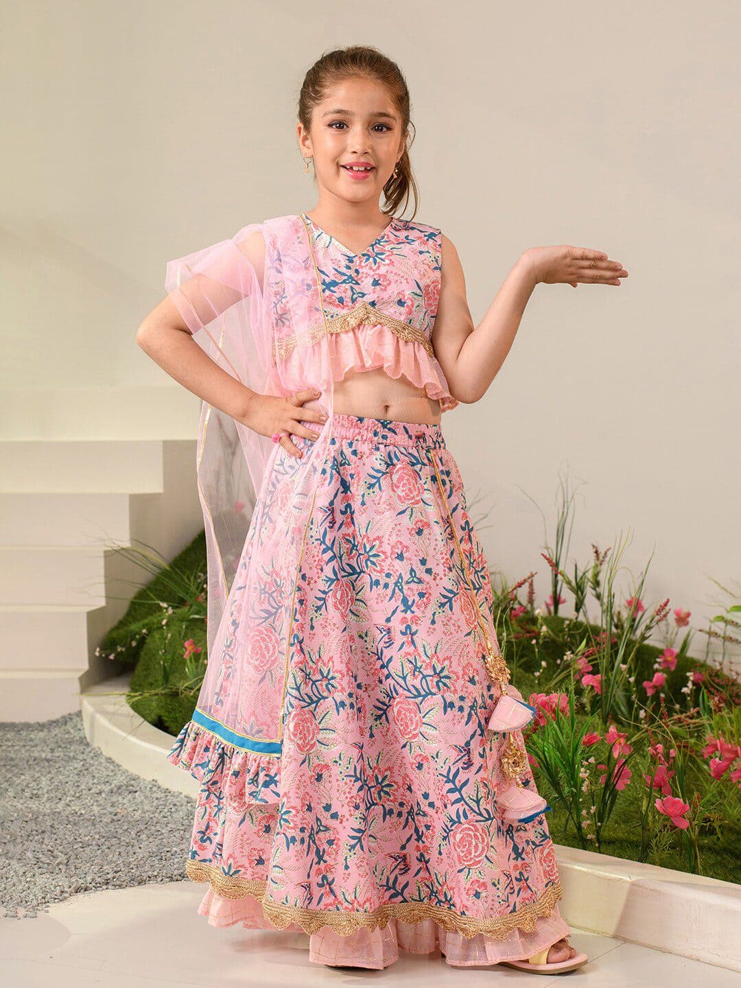 Pspeaches Girls Pink Cotton Asymmetrical Lehenga Choli Dupatta Set - view 1