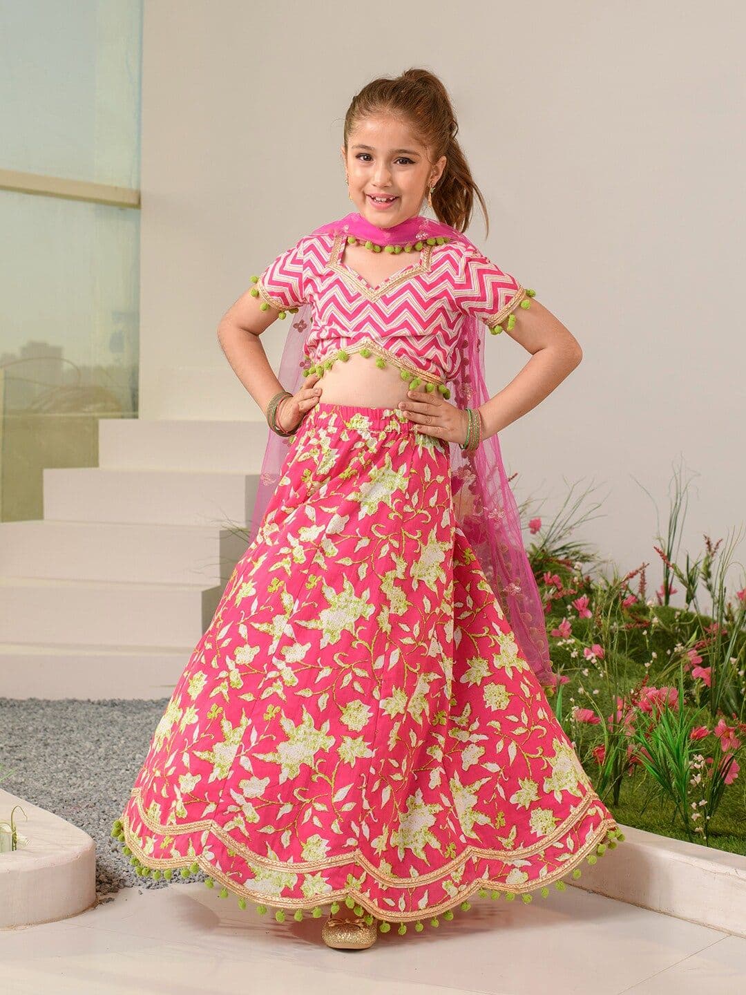 Pspeaches Girls Magenta Floral Cotton Lehenga Choli Dupatta Set - view 1