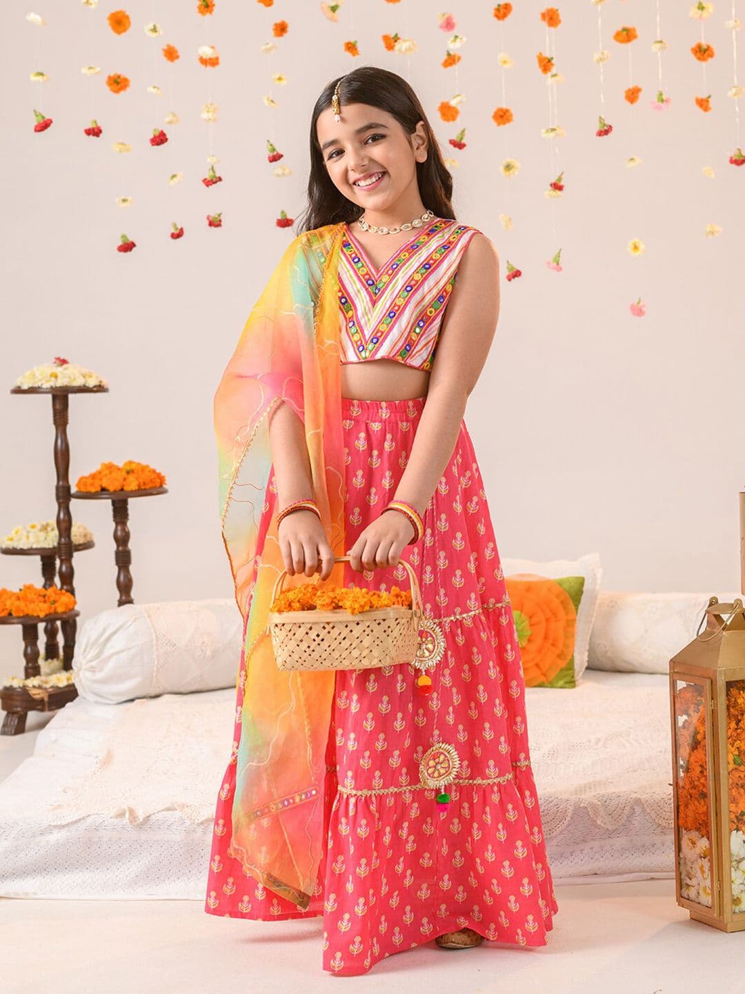 Pspeaches Girls Magenta Booti Cotton Tiered Lehenga Choli Dupatta Set - view 1