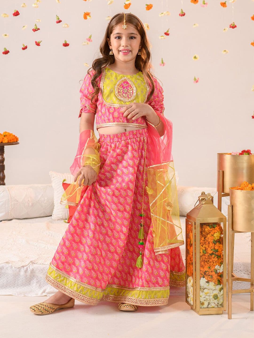 Pspeaches Girls Magenta And Green Cotton Lehenga Choli Dupatta Set - view 1