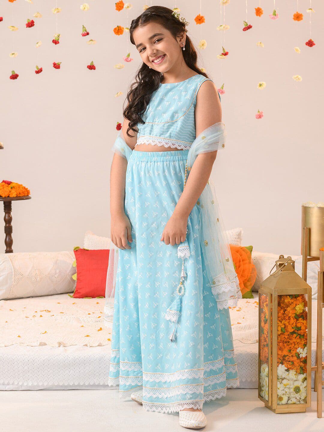 Pspeaches Girls Turquoise Booti Cotton Lehenga Choli Dupatta Set - view 1