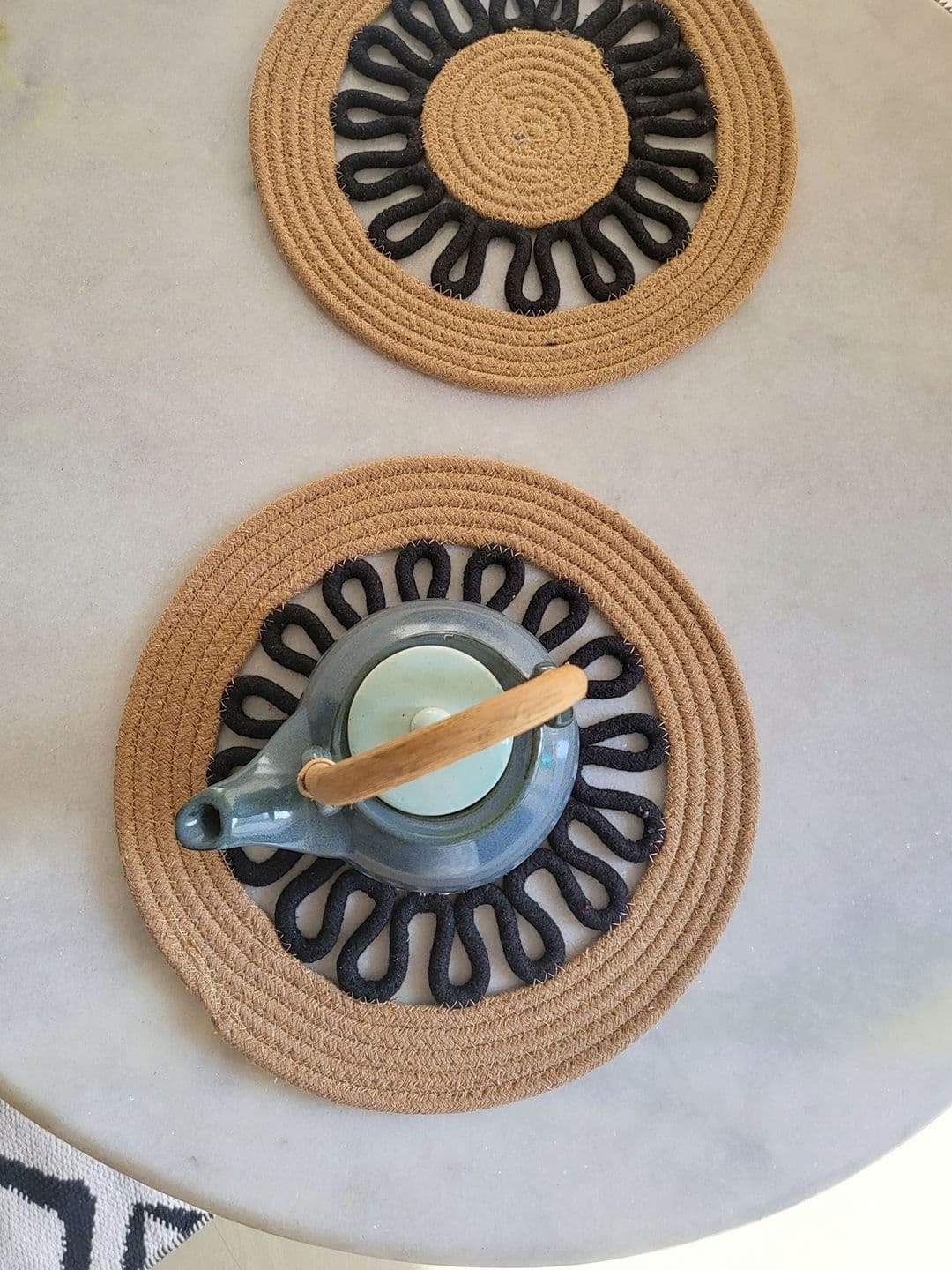 JASMEY HOMES Black & Beige 2 Pieces Self-Design Cotton Round Table Placemats - view 1