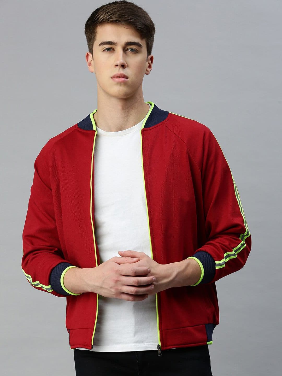 VOXATI Stand Collar Striped Open Front Bomber Jacket - view 1