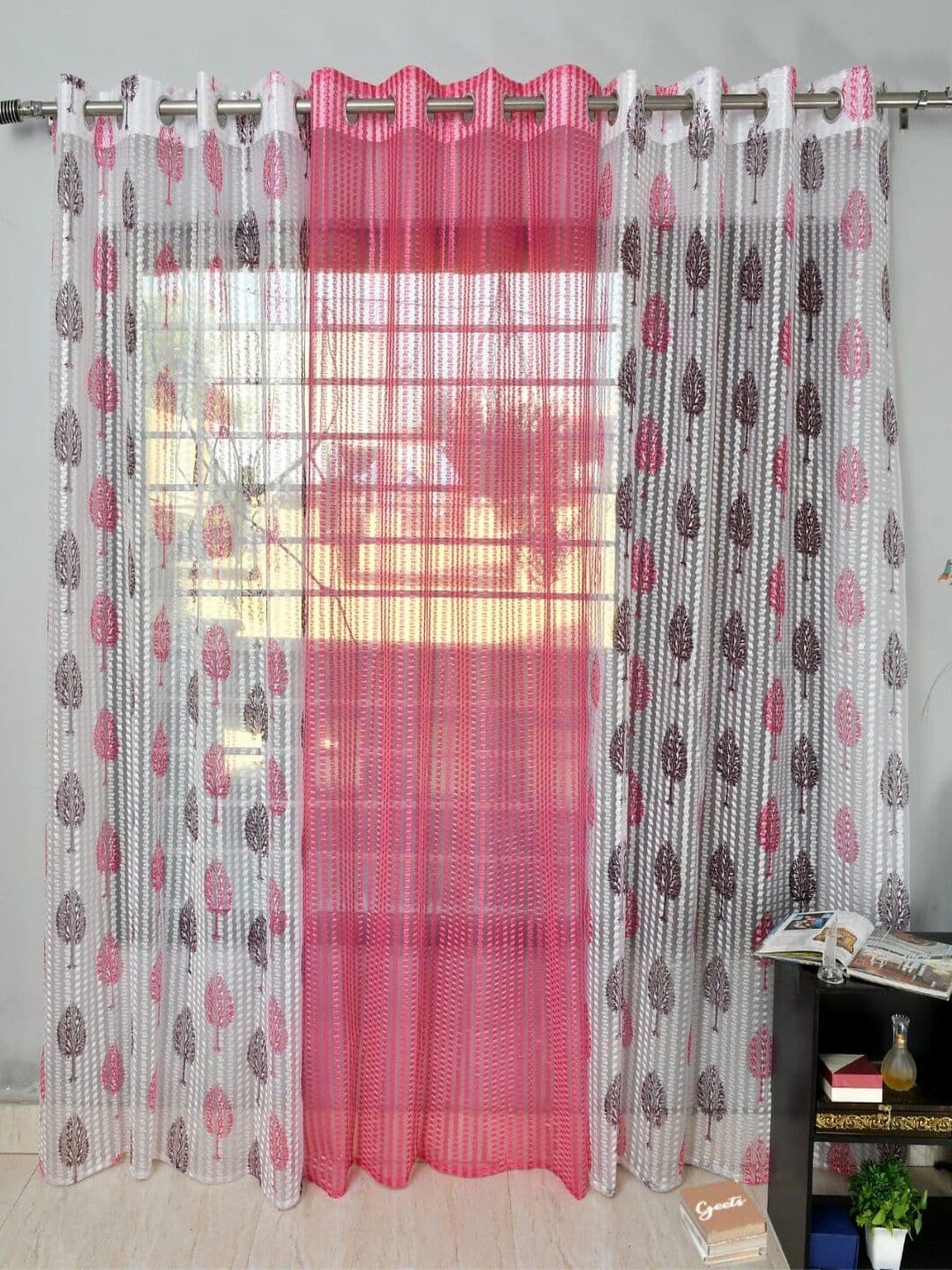 Homefab India Pink & White 3 Pieces Floral Printed Sheer Long Door Curtains - view 1