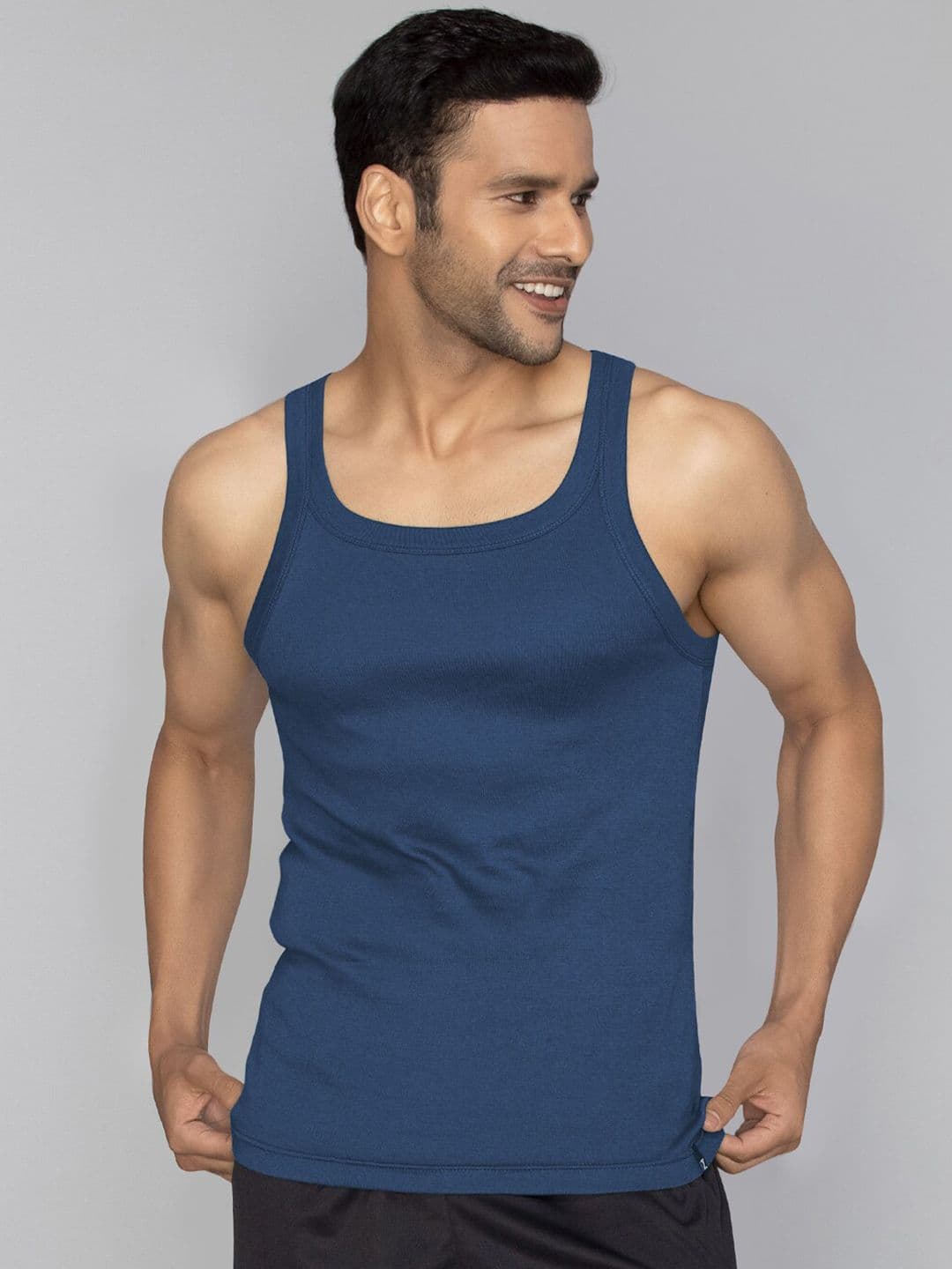 XYXX Men Solid Pace Super Combed Cotton Navy Blue Ribbed Square Neck Gym Vest - view 1