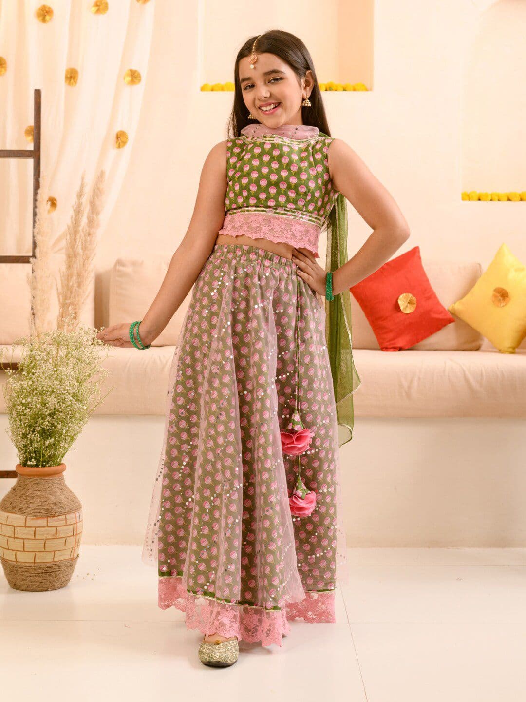 Pspeaches Girls Olive Green Booti Cotton Lehenga Choli Dupatta Set - view 1