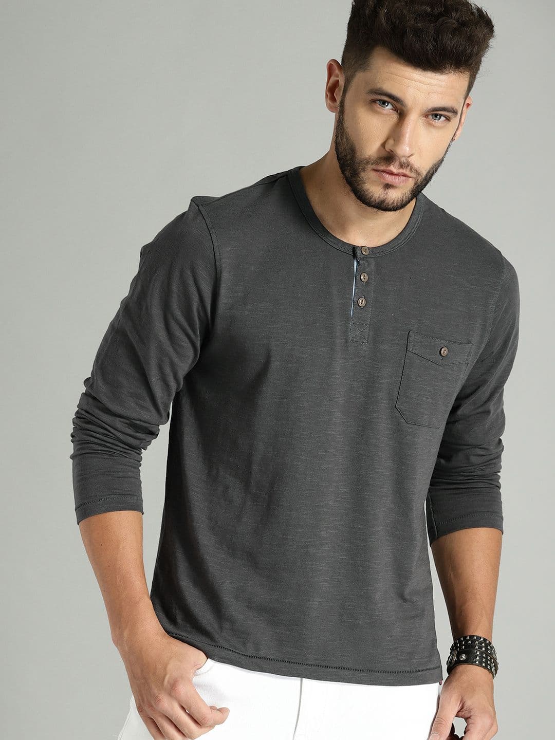 Roadster Men Charcoal Grey Solid Henley T-shirt - view 1