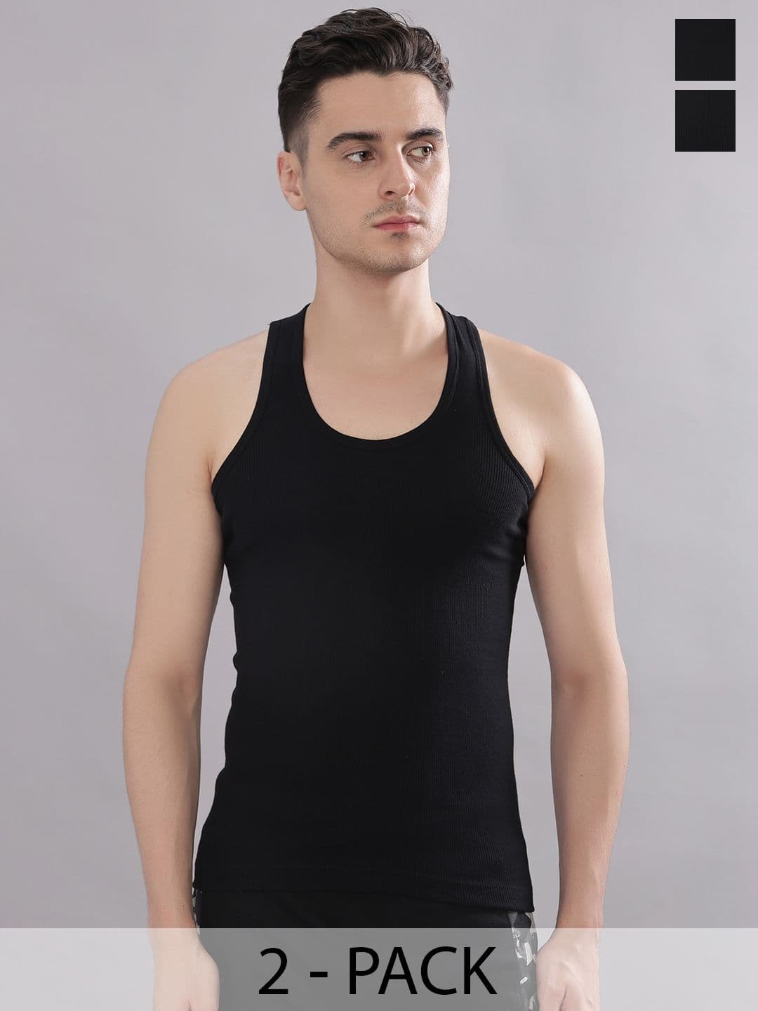 Dollar Bigboss Men Solid Pack of 2 Black Cotton Stretch Rib Regular Fit Casual Vest - view 1