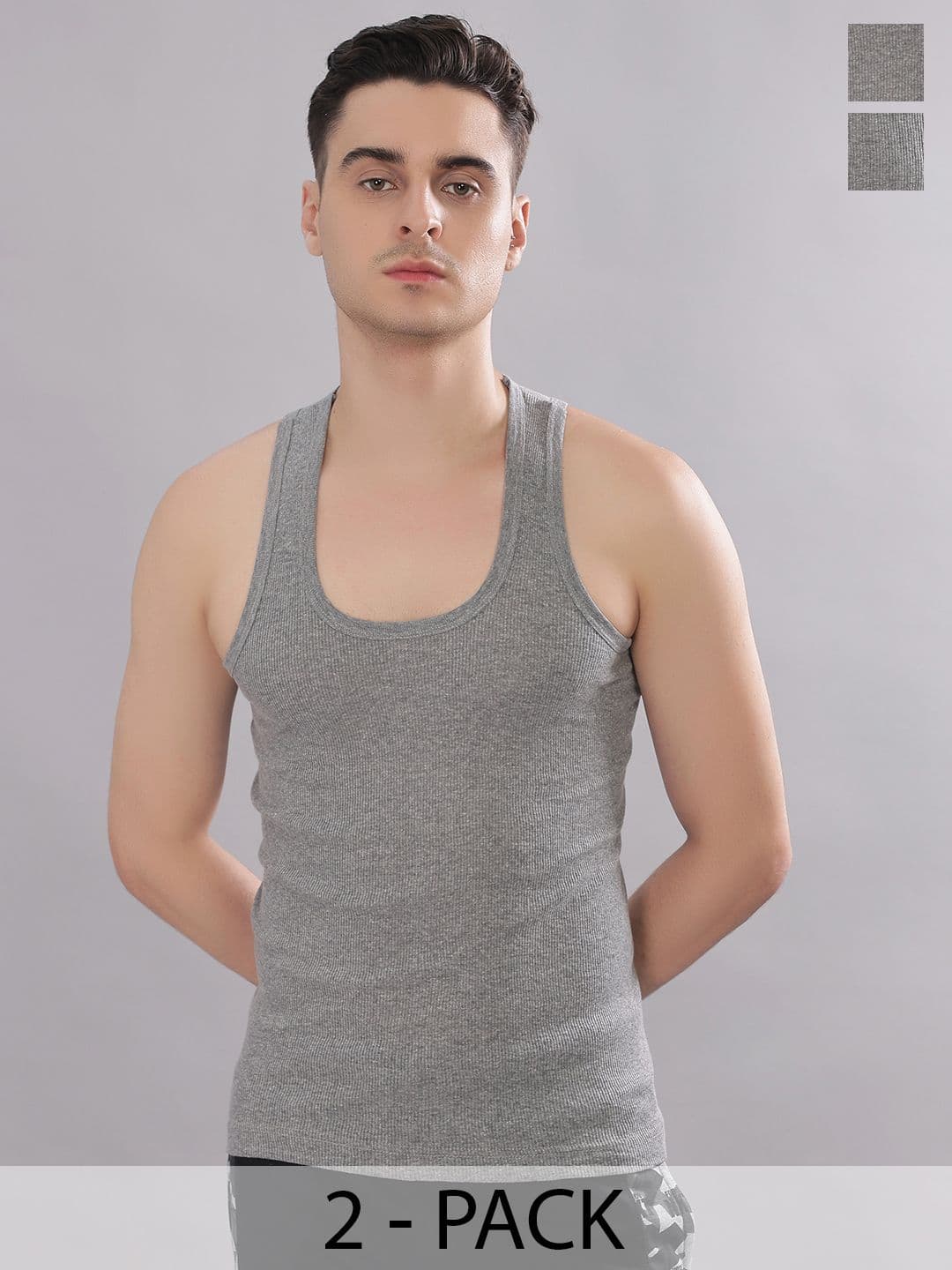 Dollar Bigboss Men Solid Pack of 2 Grey Cotton Stretch Rib Regular Fit Casual Vest - view 1