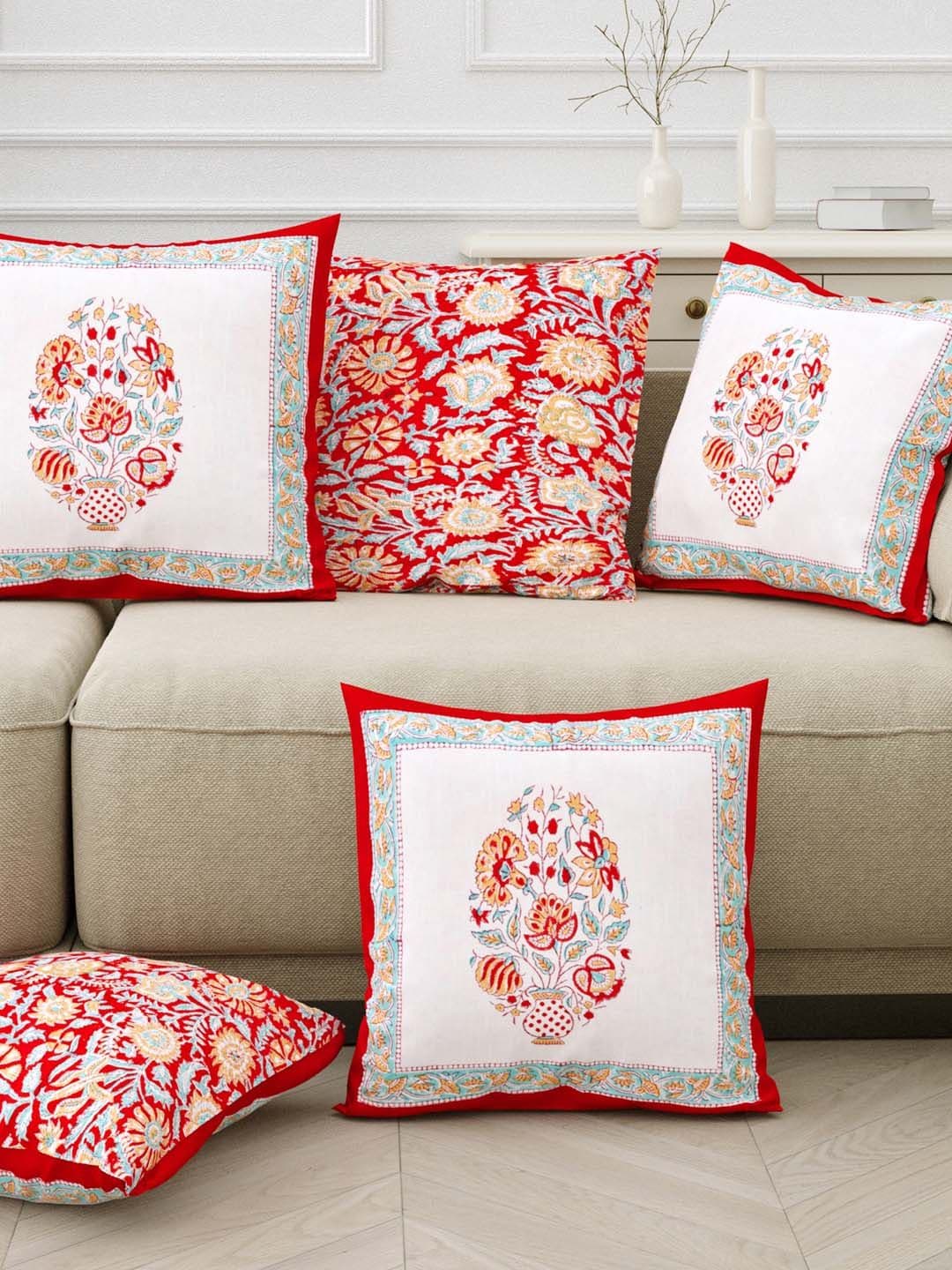 Sangria Red & White 5 Pieces Printed Pure Cotton Square Cushion Covers - view 1