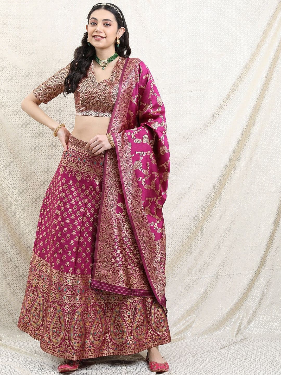 Vishudh Women Ethnic Motifs Semi Stitched Blouse & Skirt With Dupatta - view 1