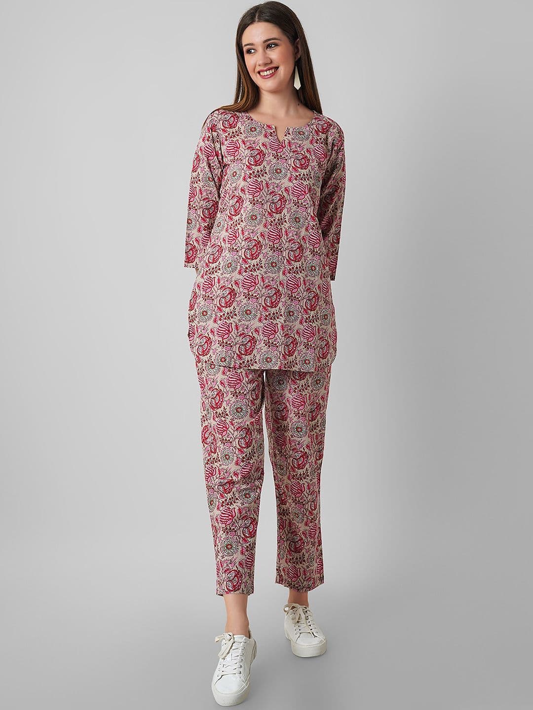 Haute and Humble Floral Printed Notched Neck Pure Cotton Top with Trousers - view 1