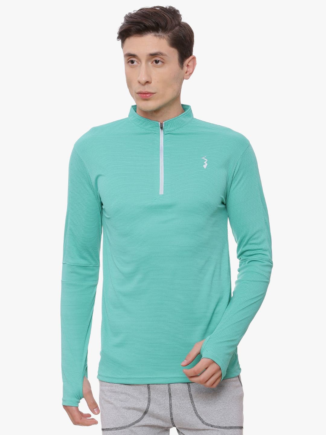 CAHOOT Men Sea Green Striped Mandarin Collar T-shirt - view 1
