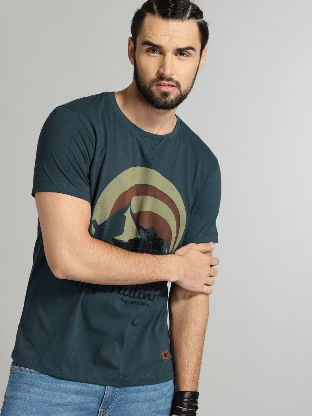 Roadster Time Travel Men Teal Blue Printed Cotton T-shirt - view 1