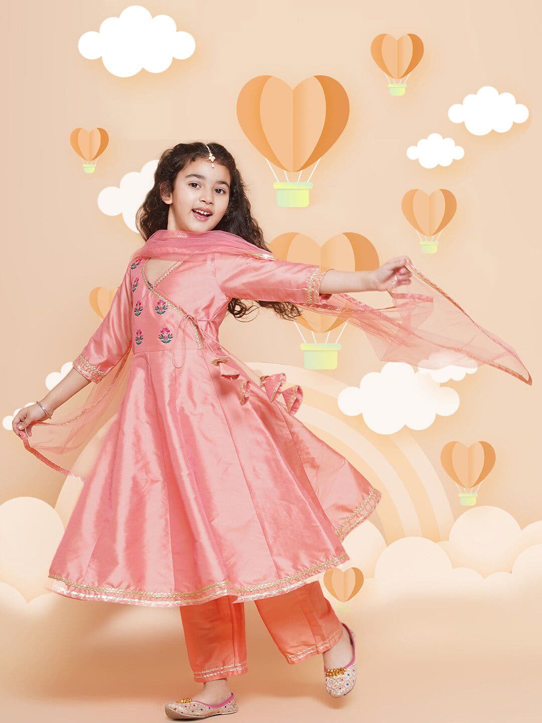 Bitiya by Bhama Girls Embroidered Angrakha Gotta Patti Kurta With Trousers & Dupatta - view 1